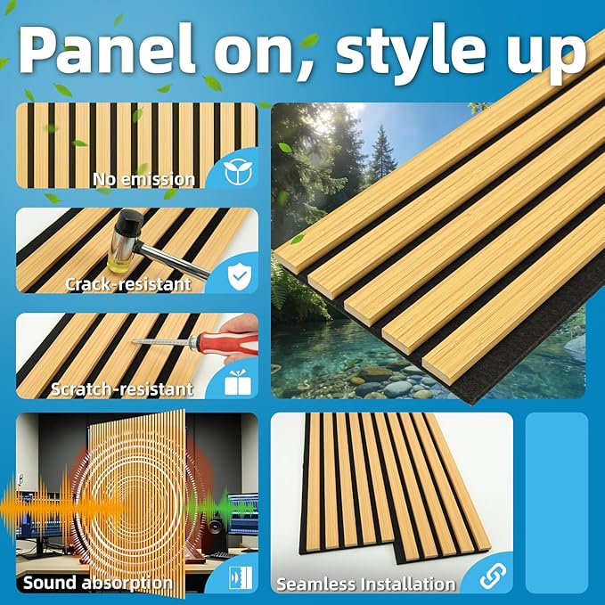 Art3d 6-Pack Soundproof Wood Slat Wall Panel, 94.5 x 7.9 in, Bamboo-Hued | Wood Grain Finish, Effortless Setup, Sustainable, Long-Lasting, Noise Reduction, Easy Care, for Living Room, Bedroom, Office - Image 4