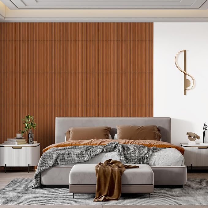 STICKGOO Slat 3D Wall Panel for Interior Wall Decor PVC Fluted Textured Panel 12-Tile 19.7 x 19.7in - Walnut - Image 2