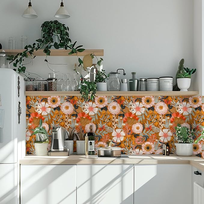 HAOKHOME Orange Floral Peel and Stick Wallpaper Boho Vintage 17.3in x32.8ft | Botanical Textured Wall Paper Renter Friendly Removable Pink Flowers Bathroom Bedroom Accent Decor Stick on Contact Paper - Image 6