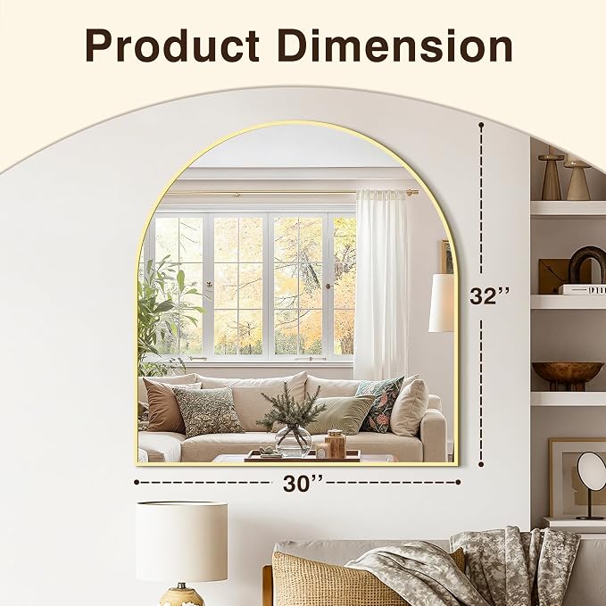 Arched Bathroom Vanity Mirror for Over Sink, 32”x30”, Gold - Image 3