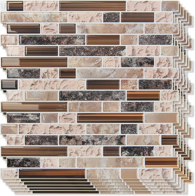 Art3d Linear Design Tile Peel and Stick Backsplash, 10-Sheet, Sandstone | 12 x 12 Inch, Enhanced Thickness, Warp Resistant, Strong Adhesion, Sturdy, for Kitchen, Bedroom, Ideal for Home Improvement by Art3d