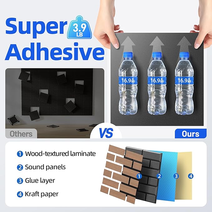 Self-Adhesive Acoustic Panels High Density Sound Proof Foam Panels for Wall | 16 Pack Brick Soundproof Wall Panels, 12" x 12" x 0.4" Sound Dampening Absorbing Panels for Home Studio Decor Office -Walnut - Image 4