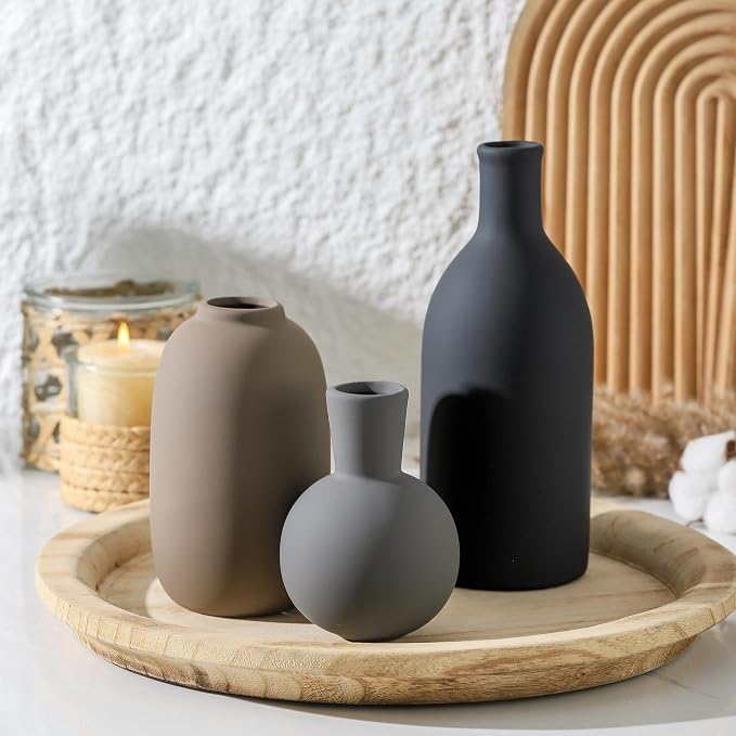 Ceramic Vase Set of 3, Rustic Farmhouse Vases Home Decor Pottery Pampas Vase Decoration Modern Neutral Flowers Vases for Room Decor, Entryway, Living Room, Table, Kitchen, Bedroom - Multicolor - Image 8