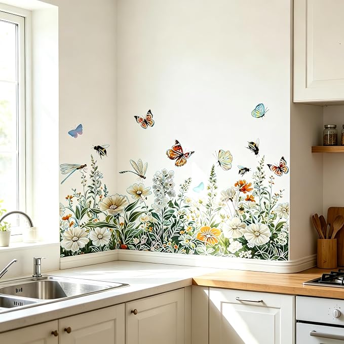 Watercolor Wildflower Wall Decals, Peel and Stick Floral Border Stickers with Colorful Butterflies Baseboard, Removable Botanical Wall Art for Bedroom, Nursery, Living Room and Staircase Decor - Image 2