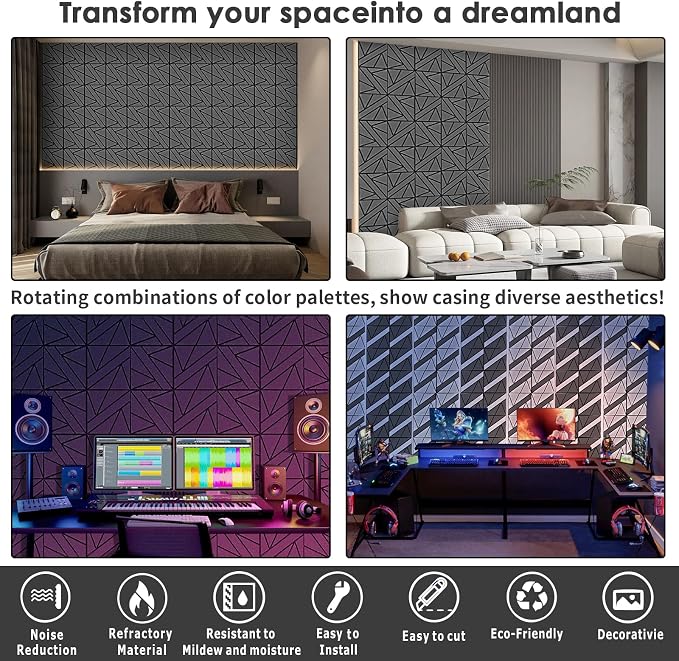 12in Acoustic Panels for Walls, High Density Soundproof Wall Panels | Thicker acoustic panels help reduce echo and enhance room acoustics for studios, gaming rooms, offices and home theaters - Image 4
