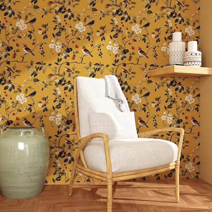Laatse Vintage Yellow Floral Bird Wallpaper Peel and Stick 17.5"x118" | Self Adhesive/Removable/Waterproof/Thick Vinyl Contact Paper for Bathroom Bedroom Shelf Cabinet Drawer,Prepasted,Easy Peel - Image 4
