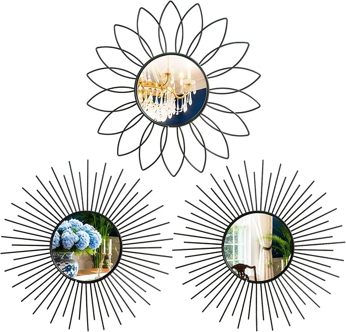 3 Pack Metal Mirrors for Wall Sunburst Wall Mirrors Home Décor Decorative Hanging Wall Art for Living Room Bedroom Entryway (Black2, Flower+Sunburst) by Uaussi