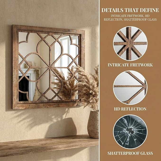 Set of 2 18 Inch Large Square Maroon Window Pane Wall Mirrors, Shatterproof Rustic Farmhouse Boho Vintage Accent Mirrors for Living Room, Bedroom, Bathroom, Entryway & Home Decor - Image 4