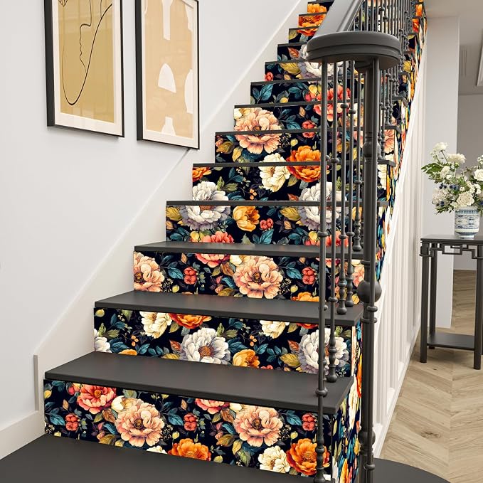 BOKEBEVE Floral Wallpaper Peel and Stick Boho Colorful Black 17.5 x 118In | Removable Self Adhesive Renter Friendly Vintage Floral Wall Paper for Bedroom Bathroom Cabinet Drawer Feature Accent Wall - Image 5