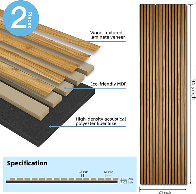 Art3d 2 Pack 94.5 x 24 inch Wood Slat Acoustic Panels for Wall & Ceiling - 31 sq.ft 3D Fluted Sound Absorbing Panel with Wood Finish, Teak - Image 2