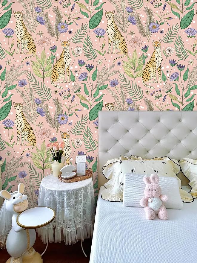 Floralplus Wallpaper Peel and Stick Pink Leopard Wallpaper Floral Removable Wallpapers Jungle Animal Renter Friendly Wallpapers for Bathroom Textured Self Adhesive Contact Paper 17.5 x 118 in - Image 5