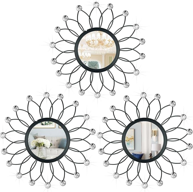 3 Pack Metal Mirrors for Wall Sunburst Wall Mirrors Home Décor Decorative Hanging Wall Art for Living Room Bedroom Entryway (Black Crystal, Flowers) by Uaussi