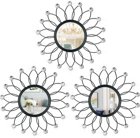3 Pack Metal Mirrors for Wall Sunburst Wall Mirrors Home Décor Decorative Hanging Wall Art for Living Room Bedroom Entryway (Black Crystal, Flowers) by Uaussi