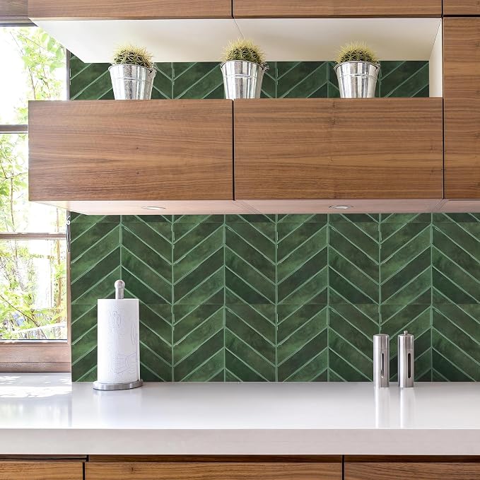 STICKGOO Herringbone Peel and Stick Backsplash, Green, 10 Sheets | 12.6 x 9.7 in, Thicker Rectangular Vinyl Stick-On Wall Tiles, Easy Alignment, Waterproof, Easy to Clean, Kitchen/Bathroom - Image 5