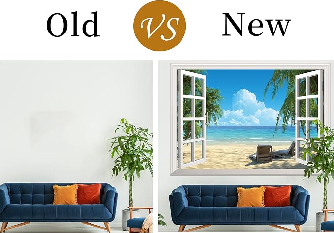 FLFK Fake Window Wall Sticker - Summer Beach Faux Window Wall Mural for Wall Decor, Stick and Peel Wall Decals,48"x32",Set of 2 Sheets - Image 5