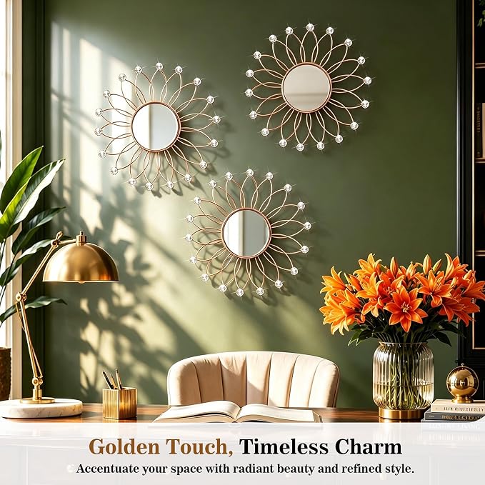 3 Pack Metal Mirrors for Wall Sunburst Wall Mirrors Home Décor Decorative Hanging Wall Art for Living Room Bedroom Entryway (Rose Gold2 Crystal, Flowers) - Image 2