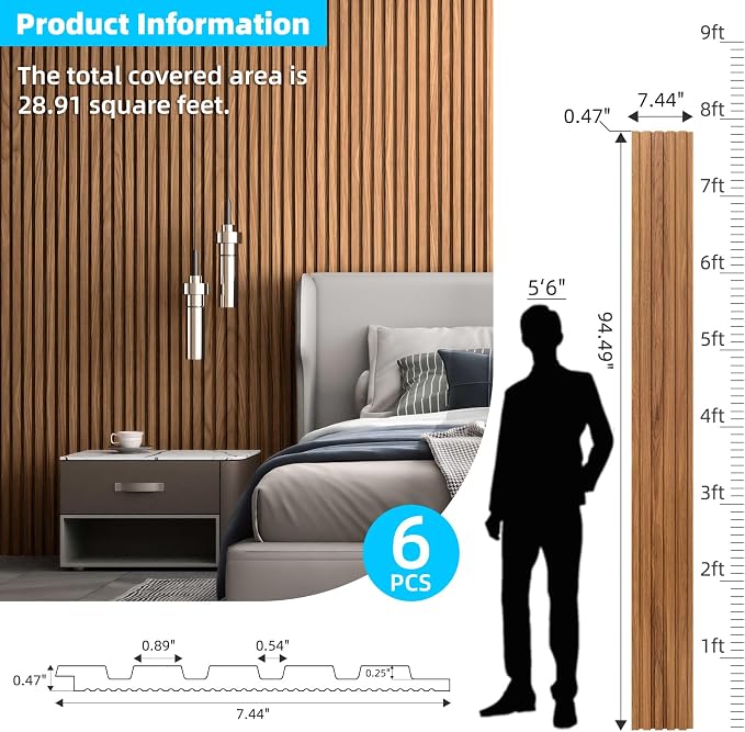 Art3d Wood Slat Wall Panels, Fluted MDF, 6-Pack, 94.6 x 7.4 in,Teak | 3D Textured Panels for Accent Walls, Ideal for Living rooms, Bedrooms, Offices, Entryways and Studios - Image 5