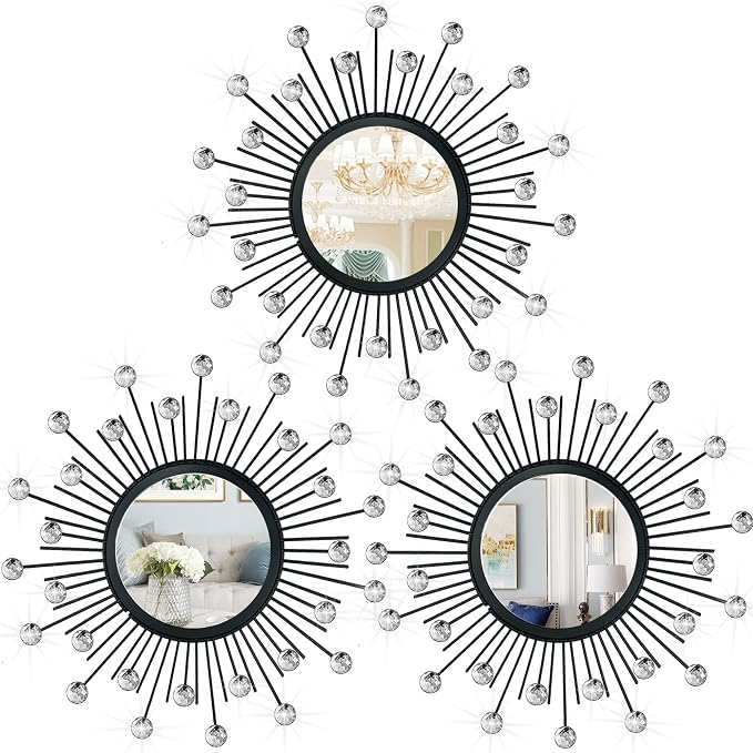3 Pack Metal Mirrors for Wall Sunburst Wall Mirrors Home Décor Decorative Hanging Wall Art for Living Room Bedroom Entryway (Black Crystal, Sunburst) by Uaussi