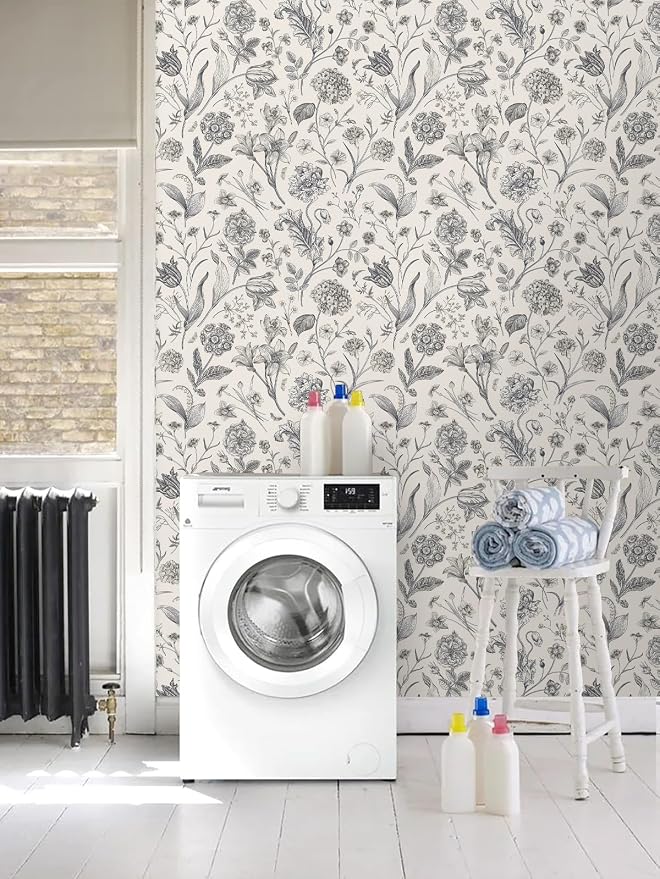 Beige and Black Floral Peel and Stick Wallpaper Floral 17in x 197in | Botanical Wallpaper Vintage Contact Paper Black Flower Removable Wall Paper for Bathroom Bedroom Boho Self Adhesive Vinyl - Image 8