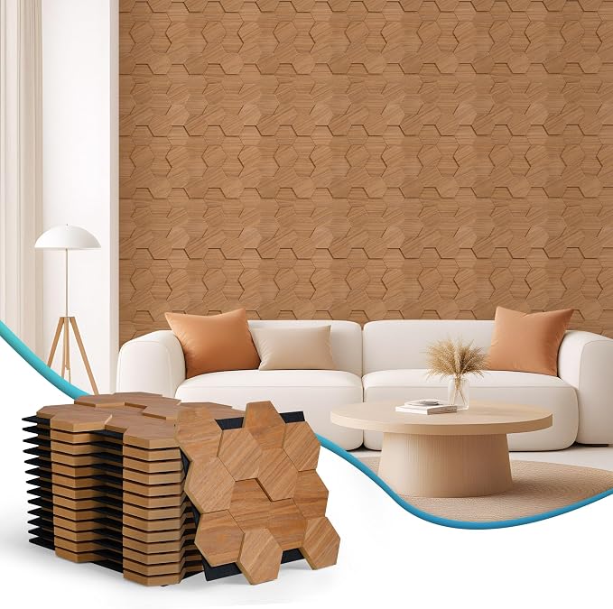 Wood Panels for Wall Hexagon, 15Pack 13.78"x12" (17.2ft²) 3D Wall Panels | Decorative Acoustic Panels for Living Room, Bedroom, Office, Chestnut Walnut by Unknown