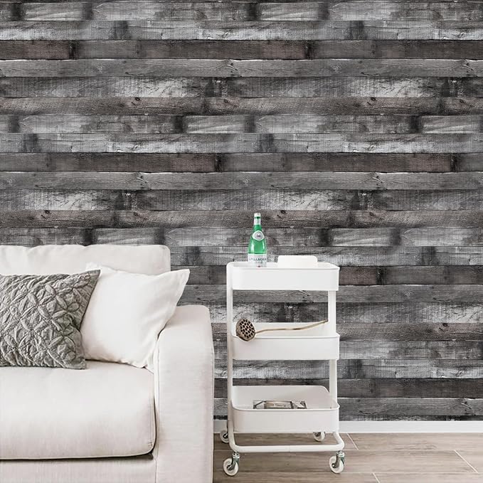 Vintage Wood Peel and Stick Wallpaper 17.3"×80" Grey/Black Rustic Wood Contact Paper Removable Wallpaper Realistic Faux Wood Wall Paper Self Adhesive Shiplap for Cabinet Shelf Wall - Image 3