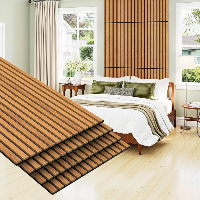 MISSDAY Wood Slat Acoustic Wall Panels, 4 Packs 47.2" x 23.6" Teak Soundproof Panel For Interior Wall Decor Noise Absorbing-3D Textured Wooden Panel Sound-Absorbing for Home, Office, Studio by MISSDAY