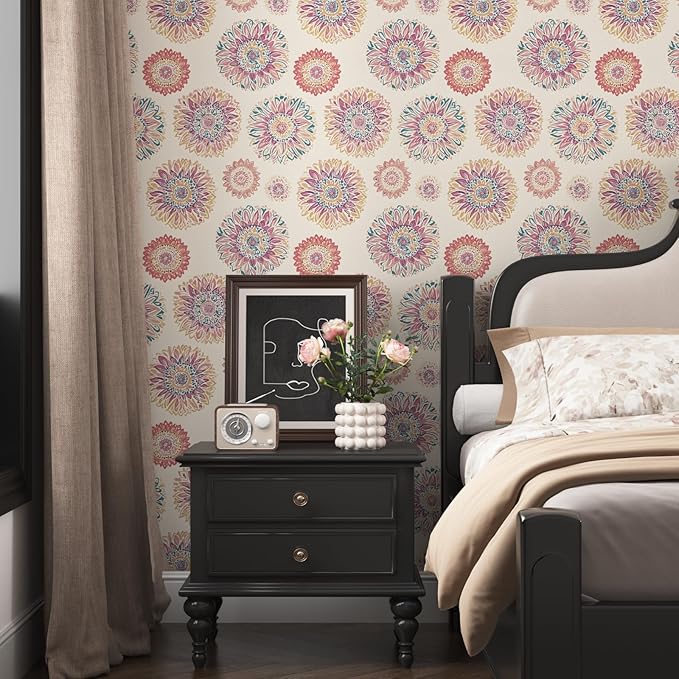 Laatse Boho Wallpaper Peel and Stick Contact Paper 17.5" x 393",Beige/Pink | Self Adhesive/Removable/Waterproof/Thick Vinyl Contact Paper for Bathroom Bedroom Shelf Cabinet Drawer,Prepasted,Easy Peel - Image 2