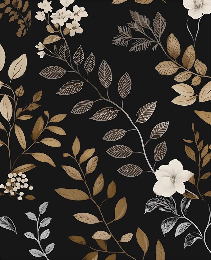 Laatse Floral Leaf Vintage Wallpaper Peel and Stick 17.5"x393", Black Gold | Self Adhesive/Removable/Waterproof/Thick Vinyl Contact Paper for Bathroom Bedroom Shelf Cabinet Drawer,Prepasted,Easy Peel by Laatse