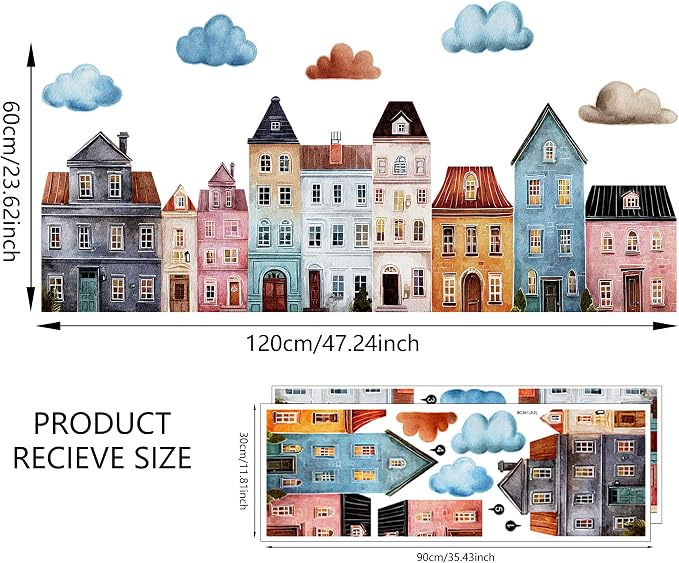 Watercolor Towns Village Wall Decal, Peel and Stick Nursery Mural Wall Stickers for Kids, Boys and Girls Room, Bedroom & Toddler Room Decor - Image 2