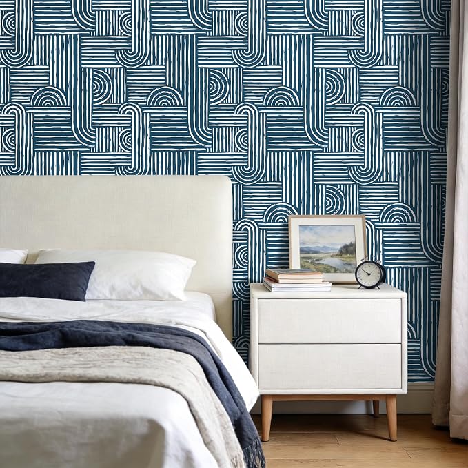 Livelynine Blue Peel and Stick Wallpaper Geometric Modern Abstract Dark Blue and White Vinyl Removable Navy Accent Wallpaper Mid Century Geometric Contact Paper for Drawers Cabinet Bathroom 17.5x78.8 - Image 5