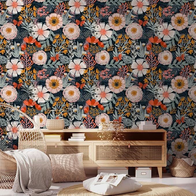 HAOKHOME Navy Pink Floral Peel and Stick Wallpaper Boho Contact Paper Decor | Textured Stick on Wall Paper Renter Friendly Removable Orange Flowers Bathroom Bedroom Cabinet Drawer Craft 17.3in x 6.6ft - Image 6