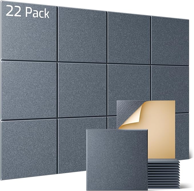 Sonicism 22 Pack Acoustic Wall Panels with Self-Adhesive, 12" X 12" X 0.4" Sound Proof Foam Panels, Decorative Soundproof Wall Panels, Sound Proof Absorbing Tiles for Home & Offices, Gray by Sonicism