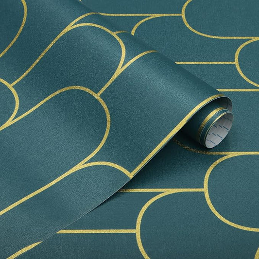 Yasinet Peel and Stick Wallpaper Green and Gold Wallpaper Modern Dark Green Contact Paper Gold Geometric Removable Self Adhesive Wall Paper for Bedroom/Cabinet Waterproof Bathroom Vinyl 393.7" x 17.3" by Yasinet