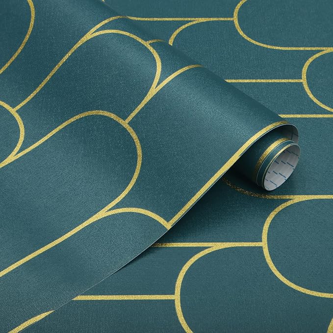 Yasinet Peel and Stick Wallpaper Green and Gold Wallpaper Dark Green Contact Paper Modern Geometric Removable Self Adhesive Wall Paper for Bedroom/Cabinet Waterproof for Bathroom Vinyl 197" x 17.3" by Yasinet