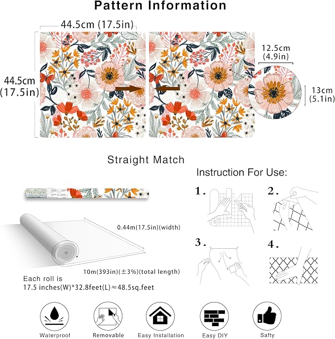 HAOKHOME Pink Floral Wallpaper Peel and Stick Botanical 17.3in x 32.8ft | Textured Boho Wall Paper Modern Renter Friendly Removable Flower White Orange Stick on Mural Bathroom Bedroom Accent Decor - Image 7