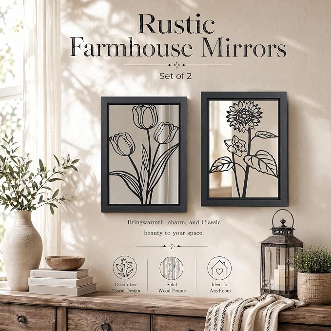 2 Set Farmhouse Mirrors for Wall Decor Living Room Bedroom Bathroom Entryway Wood Rustic Framed Decorative Accent Hanging Wall-Mounted Mirror Set -Distressed Black 15.7 in - Image 3