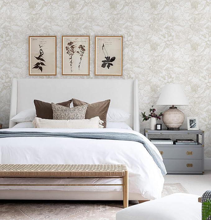 Ismoon Large Floral Peel and Stick Wallpaper Boho Beige Contact Paper 17.3inx6.5ft Neutral Wall Paper Removable Self Adhesive Wallpaper Bedroom Cabinet Bathroom Waterproof Mural Wall Decor Vinyl Roll - Image 6