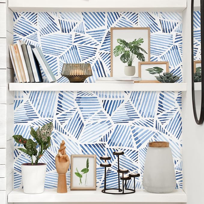 RUSPEPA Blue Geometric Peel and Stick Wallpaper, Watercolor Abstract Brushstroke Pattern, Self-Adhesive Waterproof Contact Paper for Home, Bedroom, Cabinet, Accent Wall Decor, 17.3 Inch x 6.5 Feet - Image 3
