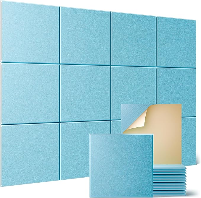 Sonicism 12 Pack Acoustic Wall Panels with Self-Adhesive, 12" X 12" X 0.4" Sound Proof Foam Panels, Decorative Soundproof Wall Panels, Sound Proof Absorbing Tiles for Home & Offices, Light Blue by Sonicism