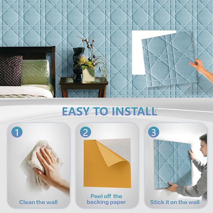 Velvet 3D wall Panels for Interior wall Decor Peel and Stick, Soundproof Geometric Textured 3D Wall Panels for Living Room, Bedroom, TV Background 17.7" x 17.7" 12pcs (Sky Blue) - Image 5