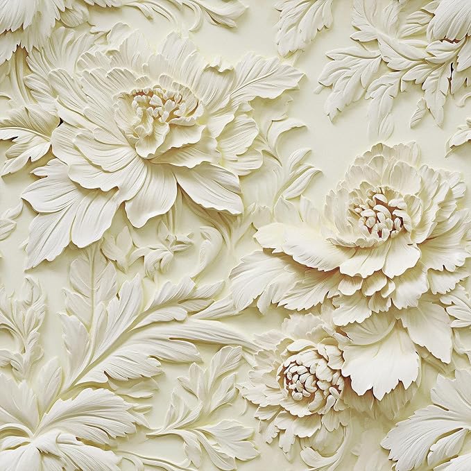 3D Embossed Wallpaper Peel and Stick Cream Floral Contact Paper | Nature Peony Flower Wallpaper Flat Printed Faux Sculpted Floral Sticker for Living Room Bedroom Bathroom Mural 17.5"x102" by Wallderful