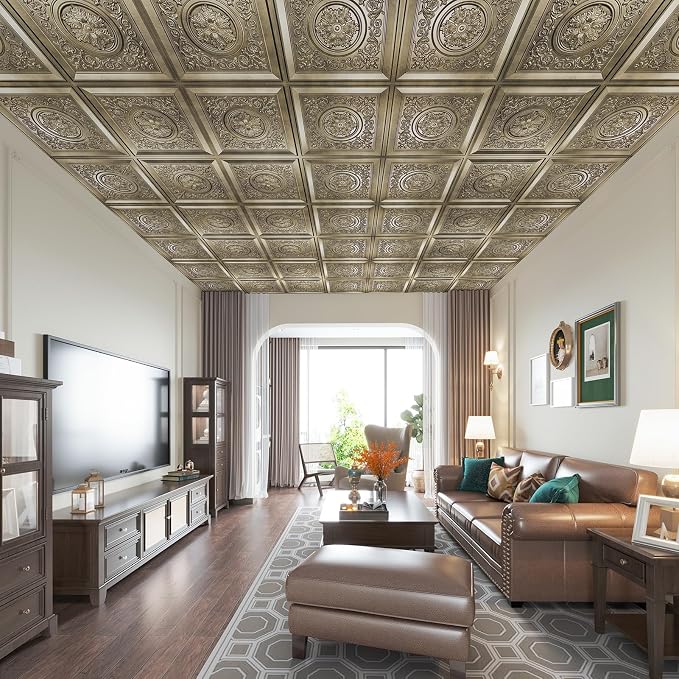 WOWSTAR 12-Pack 24"x24" Drop Ceiling Tiles, Vintage Style Waterproof Glue up Ceiling Panels Decor, Antique Gold | PVC ceiling panels, 24"x24", waterproof, glue-up install, basement kitchen bathroom, 12-pack, set B - Image 2