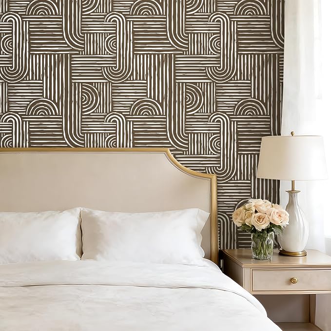 Livelynine Brown Geometric Wallpaper Peel and Stick Bold Abstract Wallpaper Living Room Accent Wall Paper Removable Minimalist Mid Century Modern Contact Paper for Cabinets Self Adhesive 17.5x78.8 - Image 4