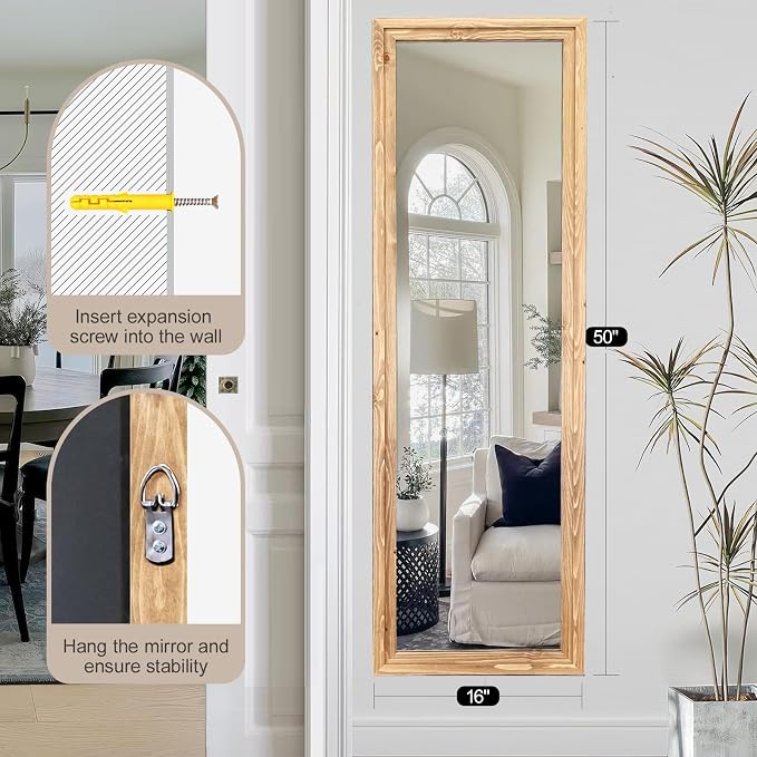 50"x16" Door Mirror, Rustic Full Length Mirror, Over The Door Hanging Mirrors Full Length, Wooden Hanging Mirrors for Bedroom, Bathroom, Oak Color - Image 7