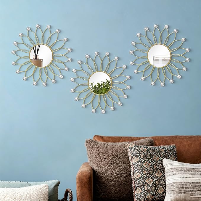 3 Pack Metal Mirrors for Wall Sunburst Wall Mirrors Home Décor Decorative Hanging Wall Art for Living Room Bedroom Entryway (Gold2 Crystal, Flowers) - Image 5