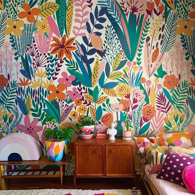 Colorful Floral Peel and Stick Wall Mural for Bedroom | 92"x125", Large Urban Funky Wallpaper, Removable Leather Textured & Water-Resistant, Hallway Old Wall Makeover by Flortlias