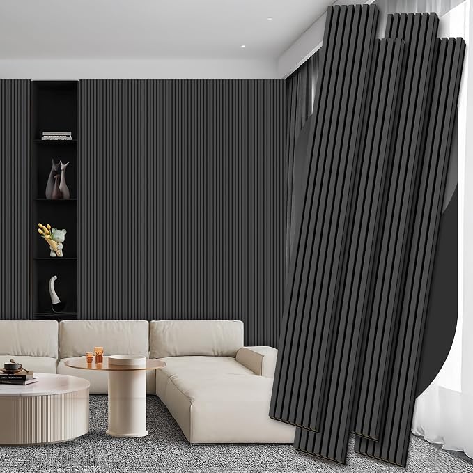 4 Pack Wood Panels for Wall, 106.3" × 11" Wood Slat Acoustic Panels for Wall, Soundproof Panels, 3D Fluted Panels for Interior Wall Decor (Matte Black) by Ritollo