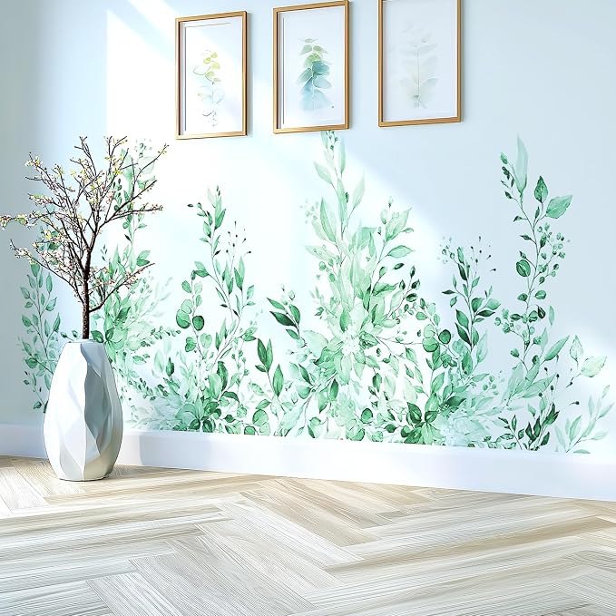 Mint Green Plants Leaves Wall Decals Peel and Stick, Large Floral Flowers Vinyl Wall Stickers, Removable Vine Home Decor Art for Bedroom Living Room Classroom Office - Image 5