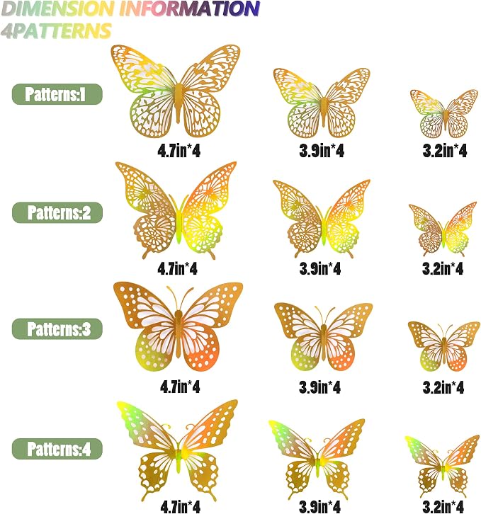 SAOROPEB 3D Butterfly Wall Decor 48 Pcs Laser Gold Butterfly Decorations | 4 Styles 3 Sizes, Birthday Decorations Butterfly Party Decorations&Butterfly Cake Decorations-Removable Gold Butterfly - Image 7