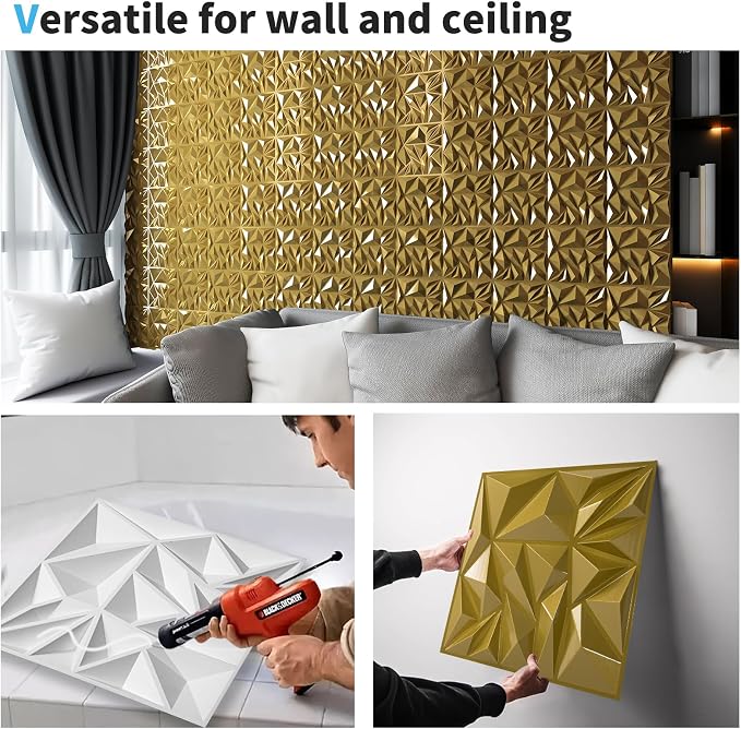 Art3d 33-Pack Modern Diamond Textured 3D Wall Panels, 12 x 12 in, Gold | Light PVC, Waterproof, Scratch Proof, Decorative Wall, Ideal for Home, Office & Commercial Spaces - Image 5